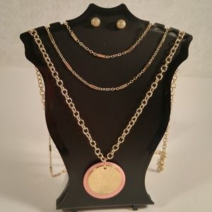 Necklace earring set gold short pink disc coin